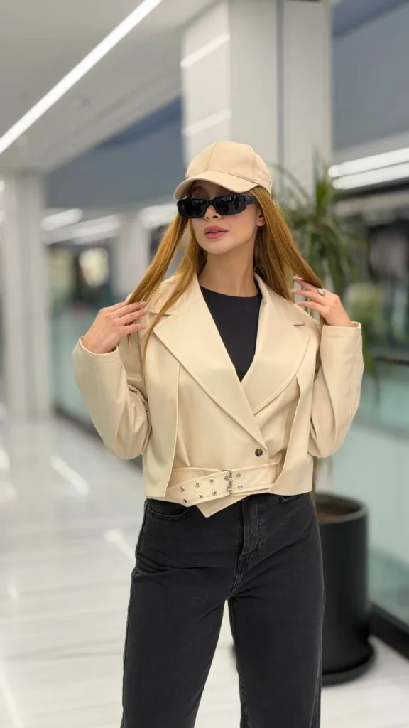 لوین کت چرم تک دکمه کمربنددار